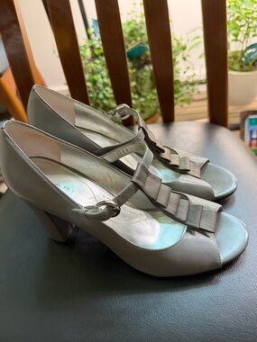 Tahari Gray Mary Peep-Toe T-Strap Heels with Ruffle Accent